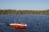 Mom, dad and kids on an anchored powerboat with trees and shoreline in the background.